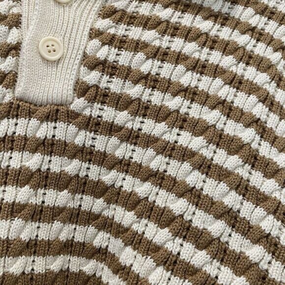 Zara Men's Striped Knit Long Sleeve XL Polo Taupe Brown And White Long Sleeve - Picture 3 of 8